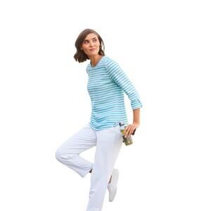 Talbots Striped Crewneck Knit Top in Blue and White roll sleeve with back cutout